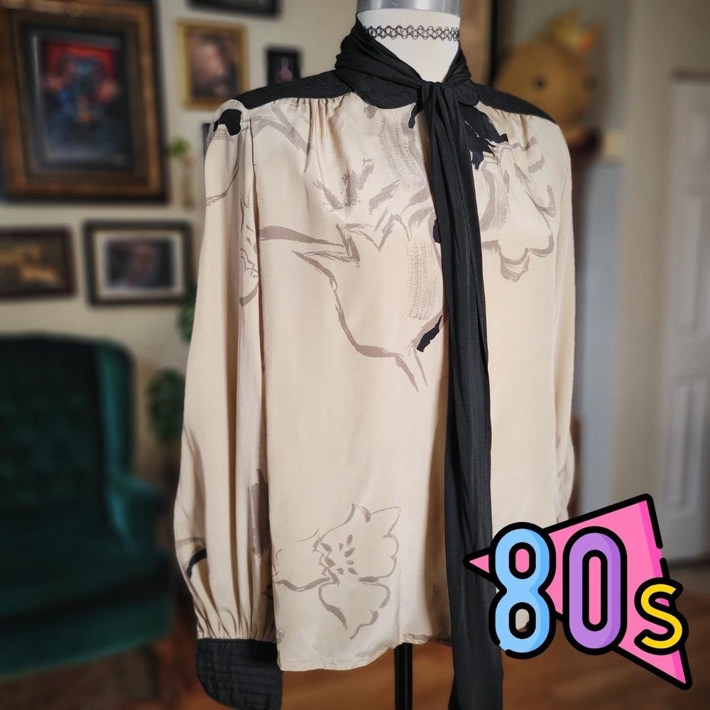 Michaele‎ Vollbracht Silk Blouse Vintage 80s Floral Bow Designer Tan M